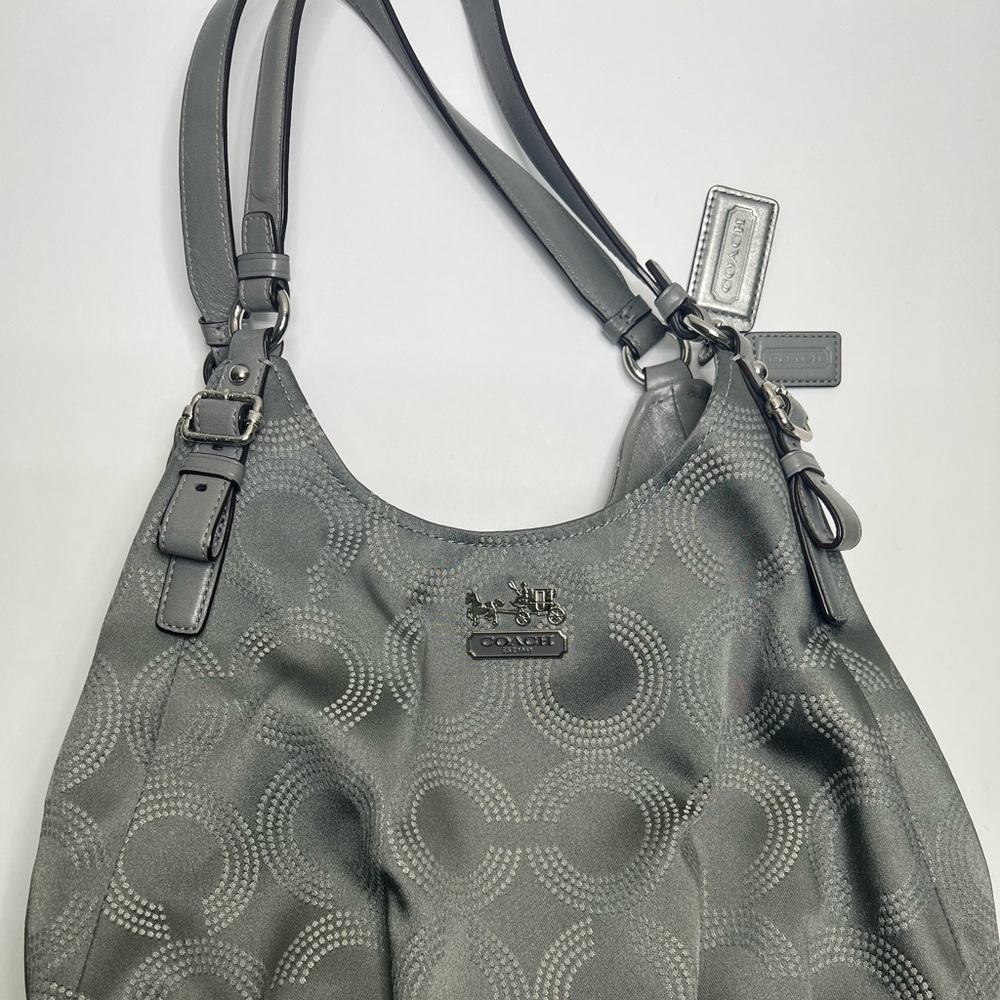Authentic Coach Silver Satin Bag with grey leather straps